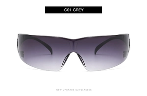 Detail view of C01 Grey oversized rimless sunglasses with dark grey gradient lenses