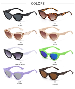Detailed color chart of eight different small frame cat eye sunglasses in various shades