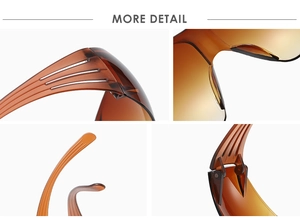 Macro view of brown rimless Y2K sunglasses with triple-slit ventilated temples and nose pads