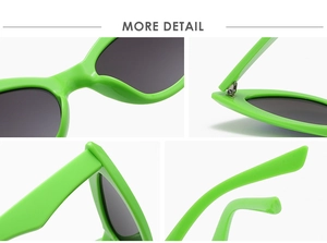 Close-up of bright green cat eye sunglasses showing reinforced metal hinges and details
