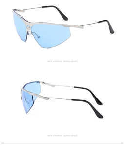 Vue détaillée de lunettes de soleil demi-cerclées bleues avec monture métallique argentée