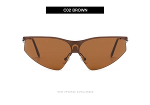 Détail des lunettes de soleil C02 marron demi-cerclées avec logo croissant doré