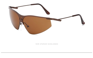 Détail de lunettes de soleil de sport à demi-monture avec grand verre marron uni