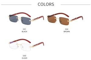 Détails des lunettes de soleil sans monture avec branches effet bois et charnières en C