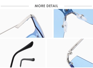 Détail de lunettes de soleil Y2K sans monture avec verres bleus et monture en argent