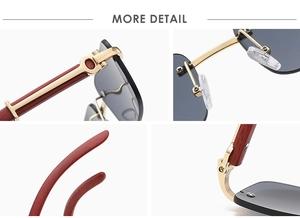Détail des branches en bois et charnières métalliques en C sur lunettes sans cadre