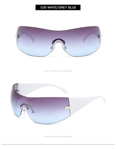 Dettaglio degli occhiali da sole bianchi C05 con lenti sfumate blu e design avvolgente
