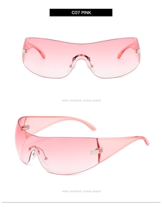Viste dettagliate di occhiali da sole Y2K senza montatura con sfumatura rosa e metallo
