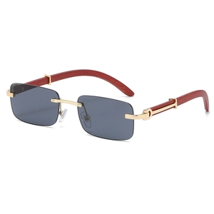 Lunettes de soleil rectangulaires sans monture rétro avec verres gris et branches bois
