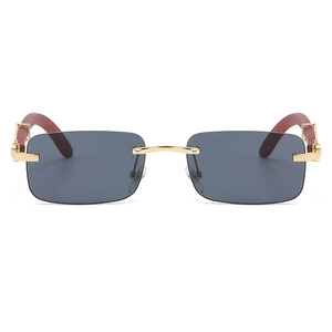Lunettes de soleil sans monture rétro avec verres gris foncé et branches motif bois