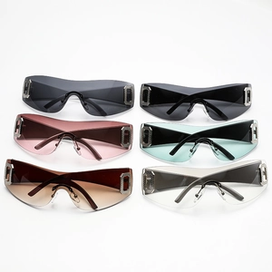 Set of 6 rimless oversized sunglasses in various colors with diamond-set metal hinges