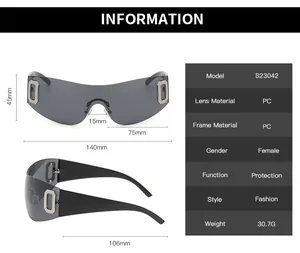 Detailed size chart for S23042 frameless sunglasses showing dimensions and PC lens material