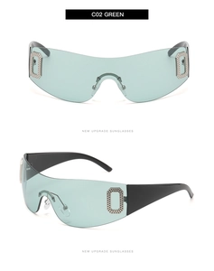 Detail of green frameless oversized sunglasses with silver rectangular hollow decor