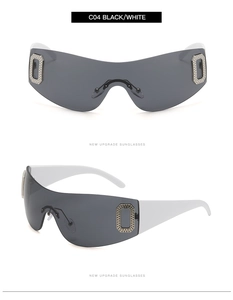 Detail of white frameless oversized sunglasses with silver octagonal diamond studs