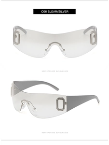 Detailed macro view of clear frameless sunglasses with rectangle crystal side accents