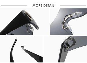 Detail of oversized frameless sunglasses showing nose pads and sturdy metal hinges
