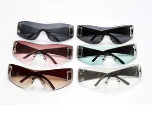 Detailed view of six colorful Y2K frameless oversized sunglasses with rhinestone accents