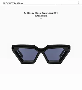 Detailed front view of geometric polygon sunglasses in shiny black frame with grey lenses