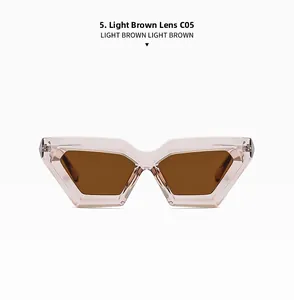Detail view of light brown cat-eye sunglasses with thick geometric frames and C05 marking