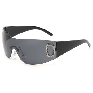 Oversized rimless wrap sunglasses with grey lenses and silver textured metal side details