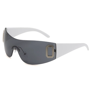 Frameless oversized wrap-around sunglasses with grey lenses and white wide temples
