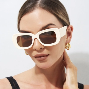 Vintage rectangle thick frame sunglasses in cream white resin with dark brown lenses