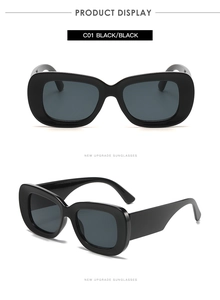 Front and profile views of retro black oversized sunglasses with C01 model detail
