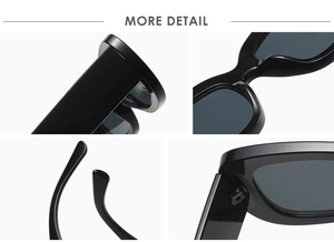 Detailed close-up of thick black frames, nose pads, and hinges on retro sunglasses
