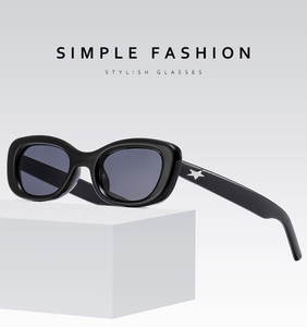 Détail de lunettes de soleil ovales noires avec étoile argentée sur les branches épaisses