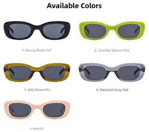 Vue détaillée montrant cinq variantes de couleurs de lunettes de soleil ovales vintage en plastique