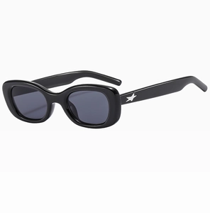 Détail de lunettes de soleil ovales noires avec étoile argentée sur la branche