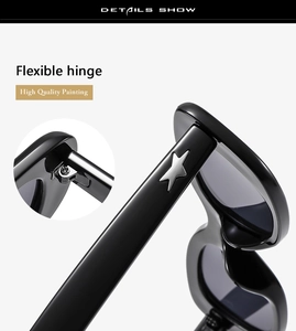 Détail de lunettes de soleil noires avec charnières en métal et ornements d'étoiles