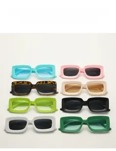 Detailed grid display of retro wide-frame rectangular sunglasses in eight vibrant colors