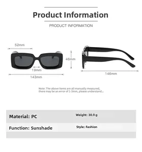 Detailed technical diagram of square frame sunglasses with size measurements and specifications