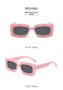 Detail view of stylish square pink frames with grey lenses for fashion sunglasses