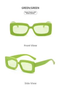 Front and side view of trendy green rectangular sunglasses with tinted lenses