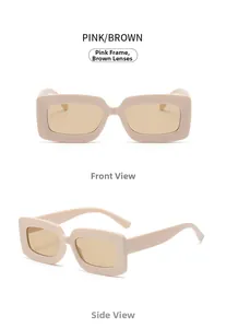 Detail of pink rectangular sunglasses with brown lenses showing front and side views