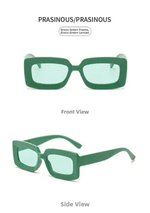 Detailed front and side views of chunky grass green rectangular fashion sunglasses