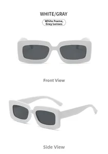 Front and side views of stylish white square frame sunglasses with dark gray lenses