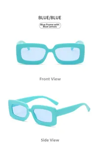 Front and side view of trendy rectangular thick-frame sunglasses in Tiffany Blue