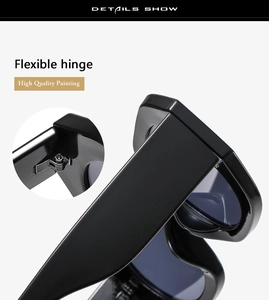 Detail of high-quality flexible metal hinges on black oversized polygon sunglasses