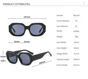 Detailed size chart for oversized geometric sunglasses showing PC frame and AC lens dimensions