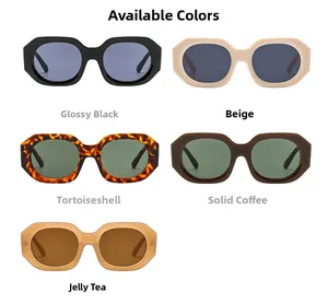 Polygonal chunky sunglasses displayed in black, beige, tortoiseshell, brown and jelly tea