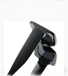 Macro view of wide black temple and hinge detail on modern square sunglasses