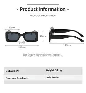 Size chart showing detailed dimensions and PC material for square fashion sunglasses