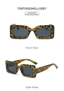 Front and side views of stylish tortoiseshell rectangle sunglasses with dark grey lenses