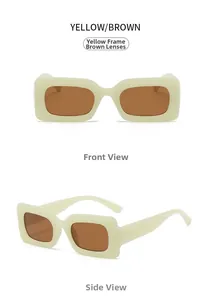 Front and side views of chunky cream yellow square sunglasses with brown tinted lenses