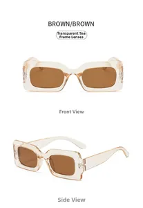 Front and side view details of vintage square sunglasses with transparent tea-brown frames