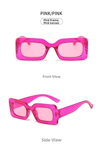 Detailed views of pink rectangular sunglasses with transparent frames and lenses