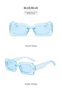 Front and side view of trendy rectangular blue transparent frame sunglasses with wide temples